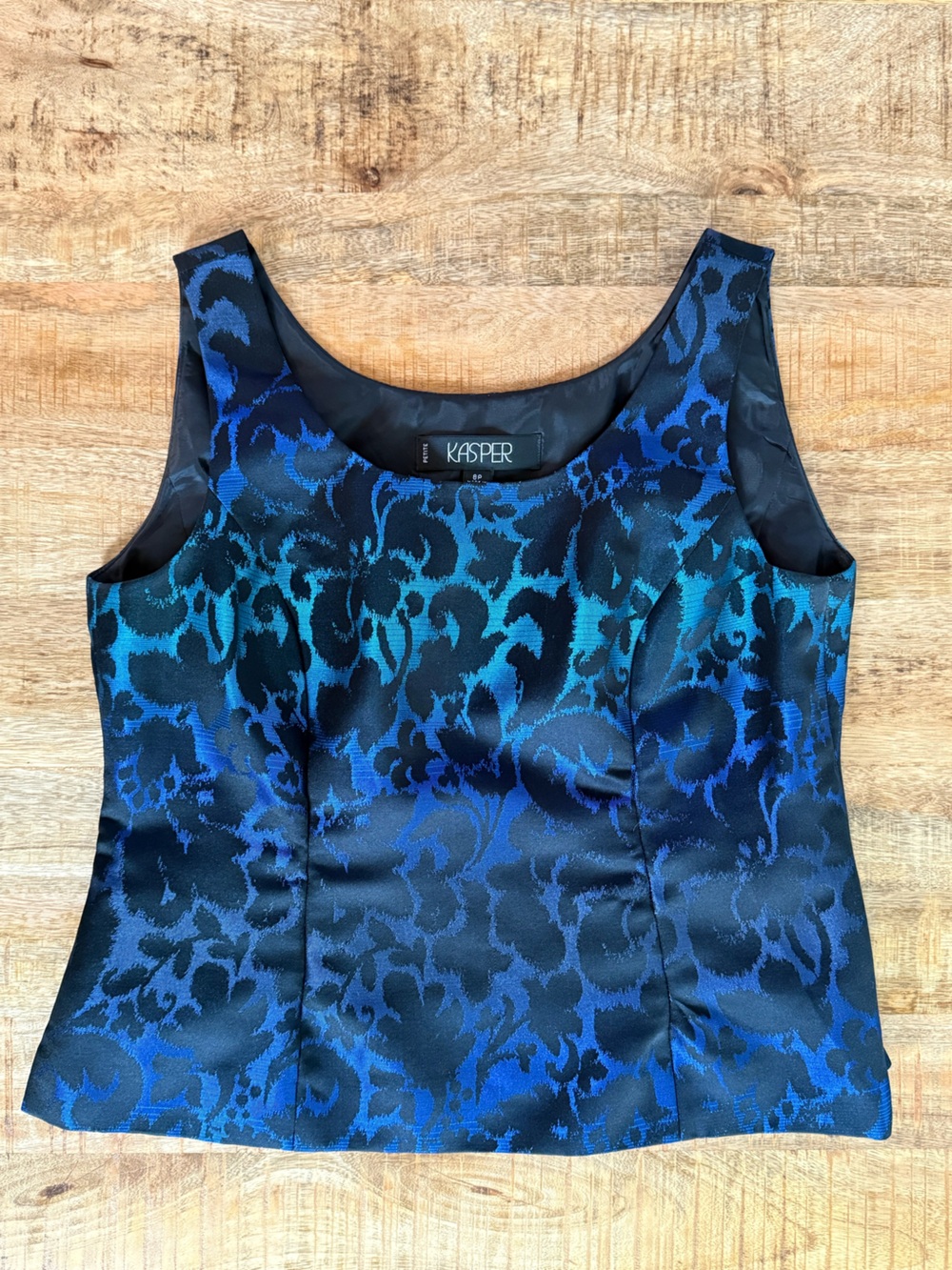 Kasper Petite 8P Blue Black Floral Brocade Sleeveless Career Shell Top